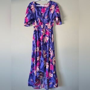 Anthroplogie (ATL) Purple+Pink Flo Hi-Low Flutter Sleeve Dress Sz L Coastal Boho
